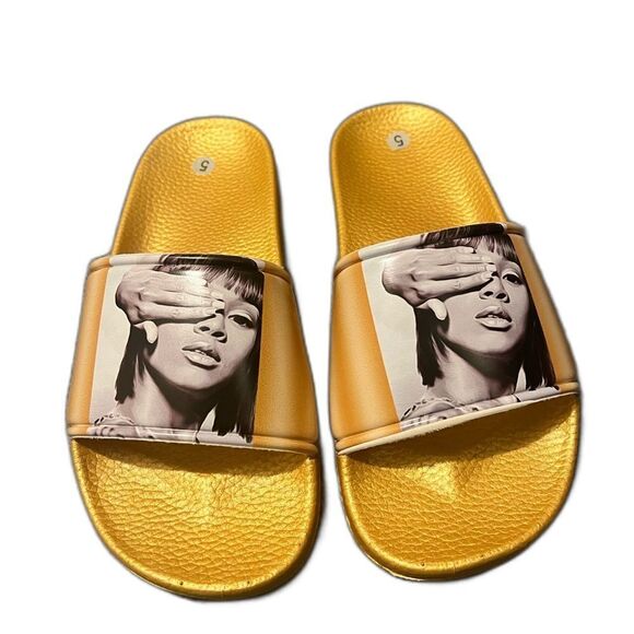 Shoes - NEW Gold Slide Sandals with Graphic Print